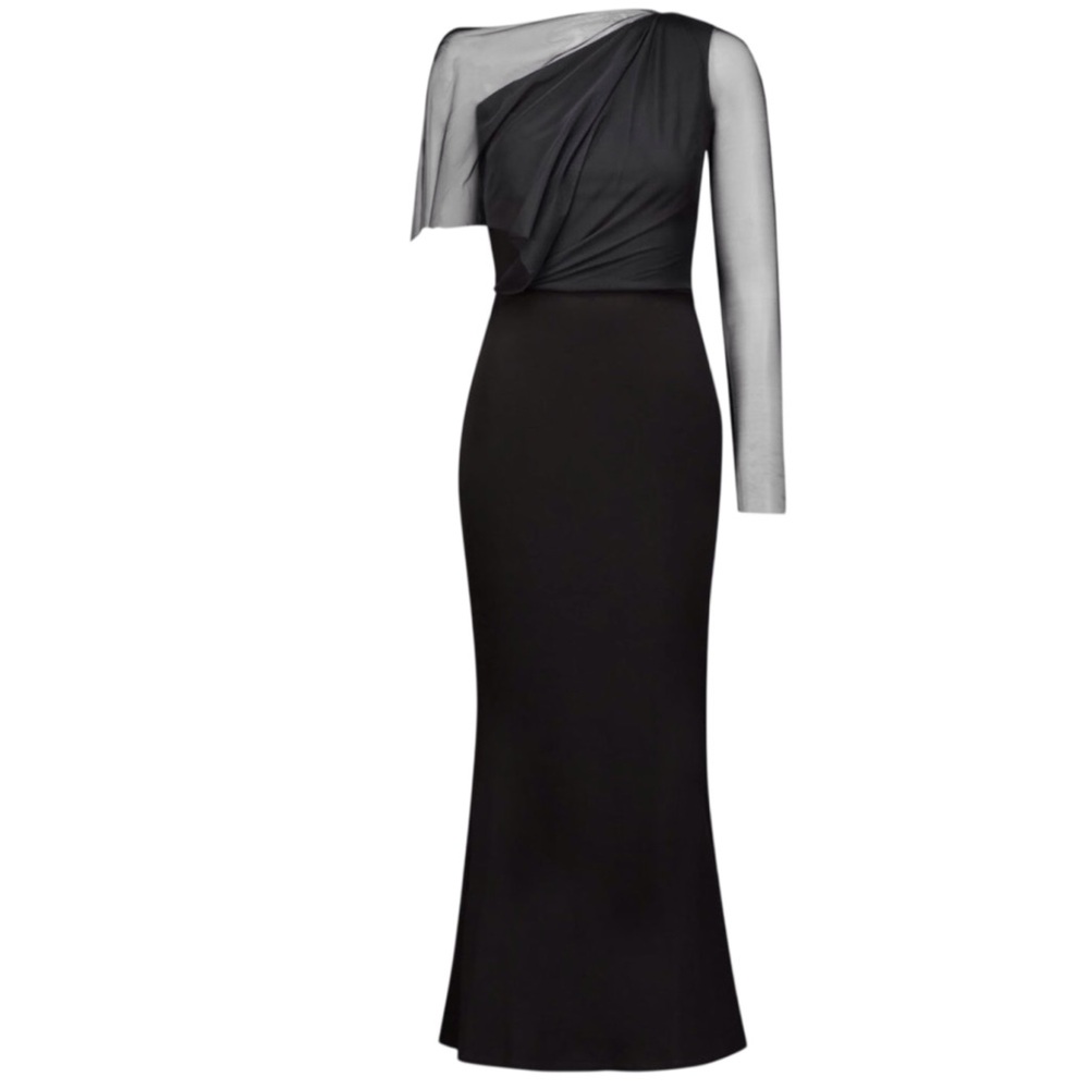 Marcella Valeria European Ponte One Shoulder Gown Black Illusion Sleeve Large - Picture 6 of 8